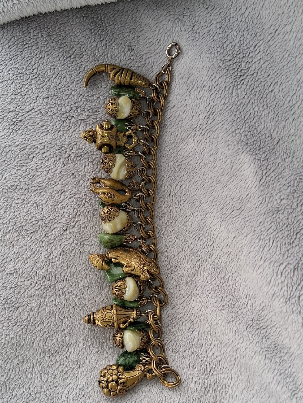 Gold-Tone Bracelet with Green and Cream Beads - Women's Charm Bracelet